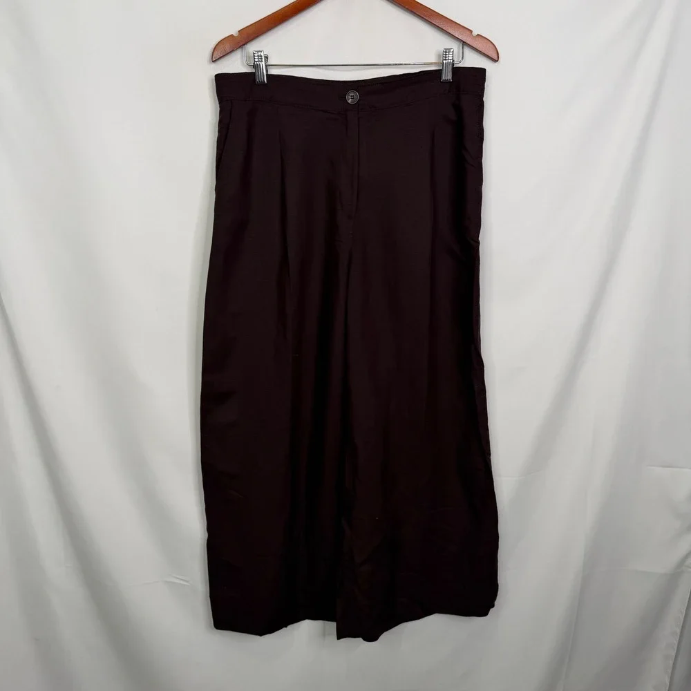 HM Linen Blend Wide Leg Trousers Brown Pleated Cropped Pants US 10 NEW